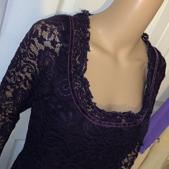 Vintage 90s royal purple stretch lace velvet ribbon square neck tunic top L - Picture 4 of 16